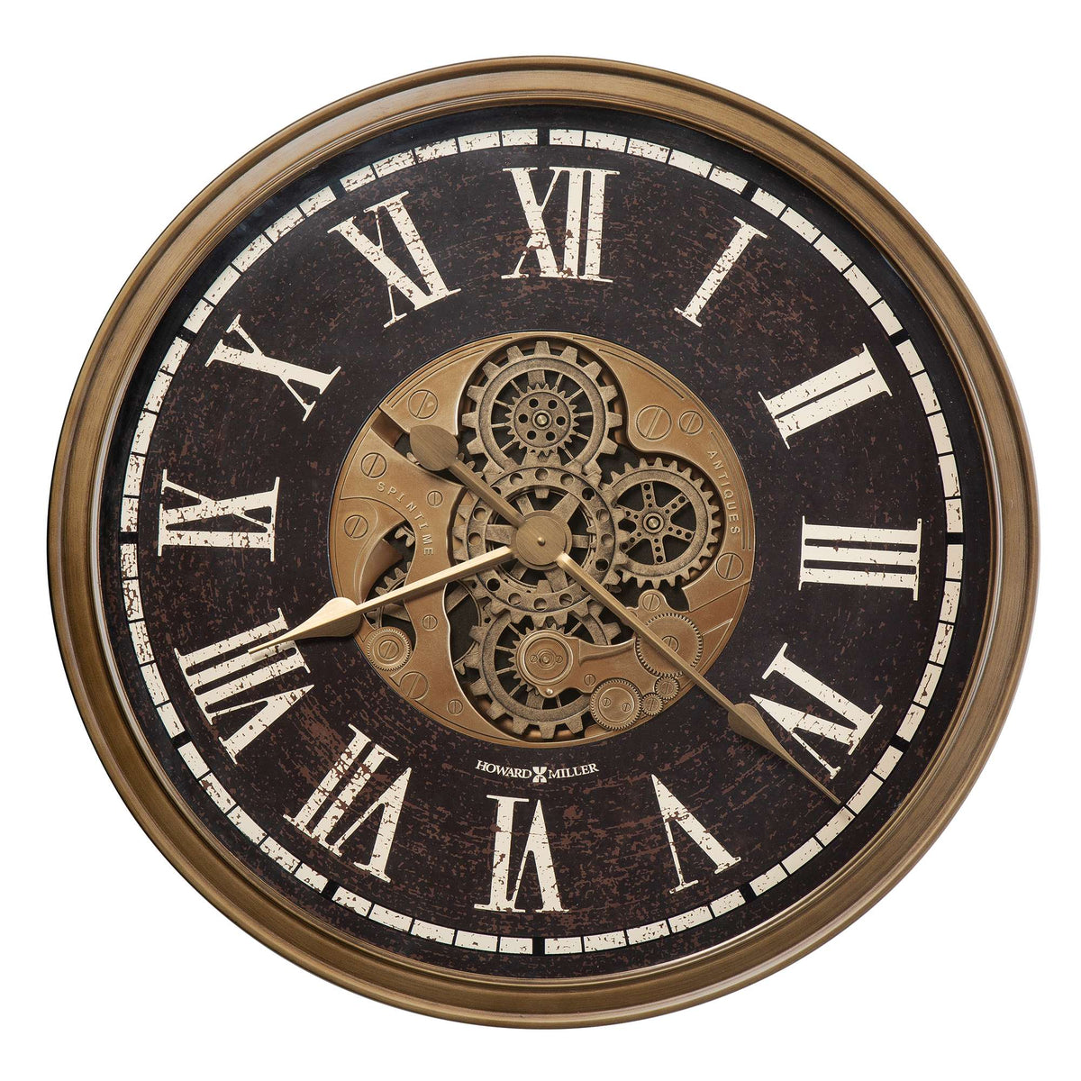 Antique-style wall clock with Roman numerals and visible gears