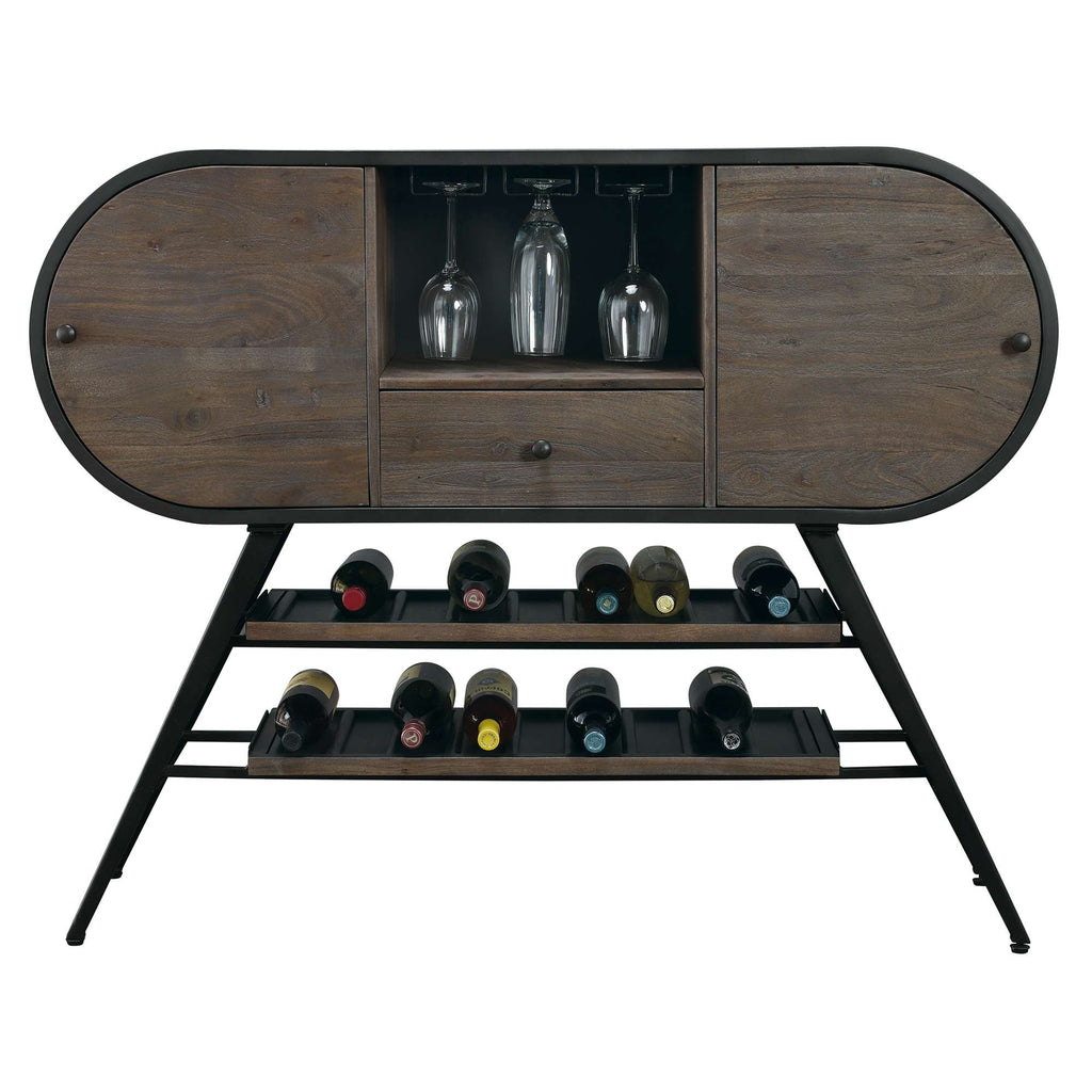 Modern wooden wine cabinet with wine bottles and glass storage