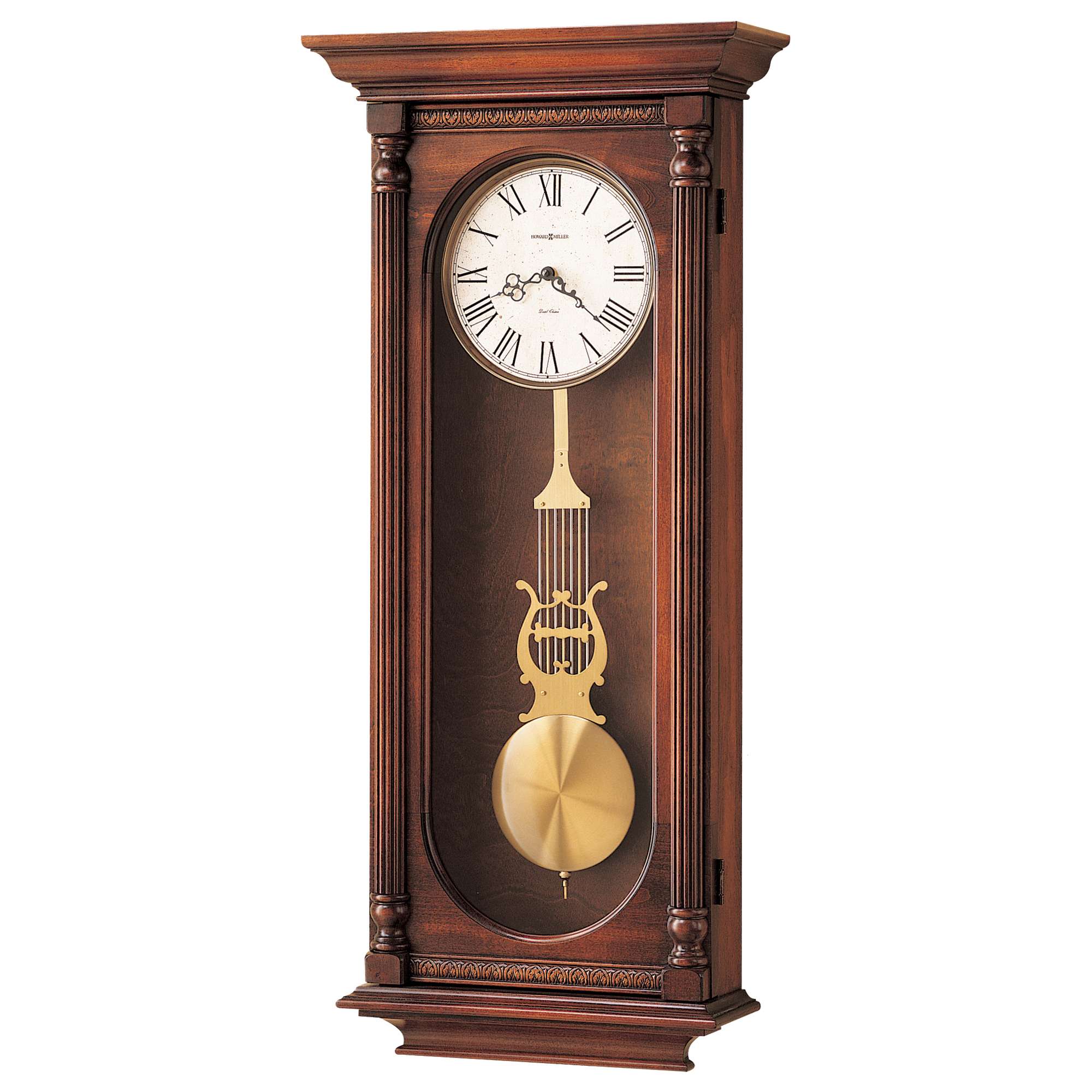 A vintage wall clock with a pendulum and ornate design.