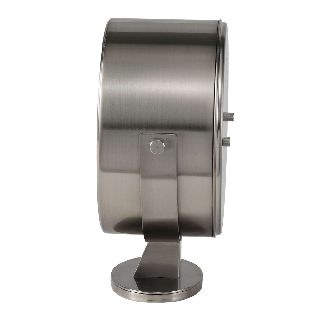 Side view of a modern metallic clock with a stand.