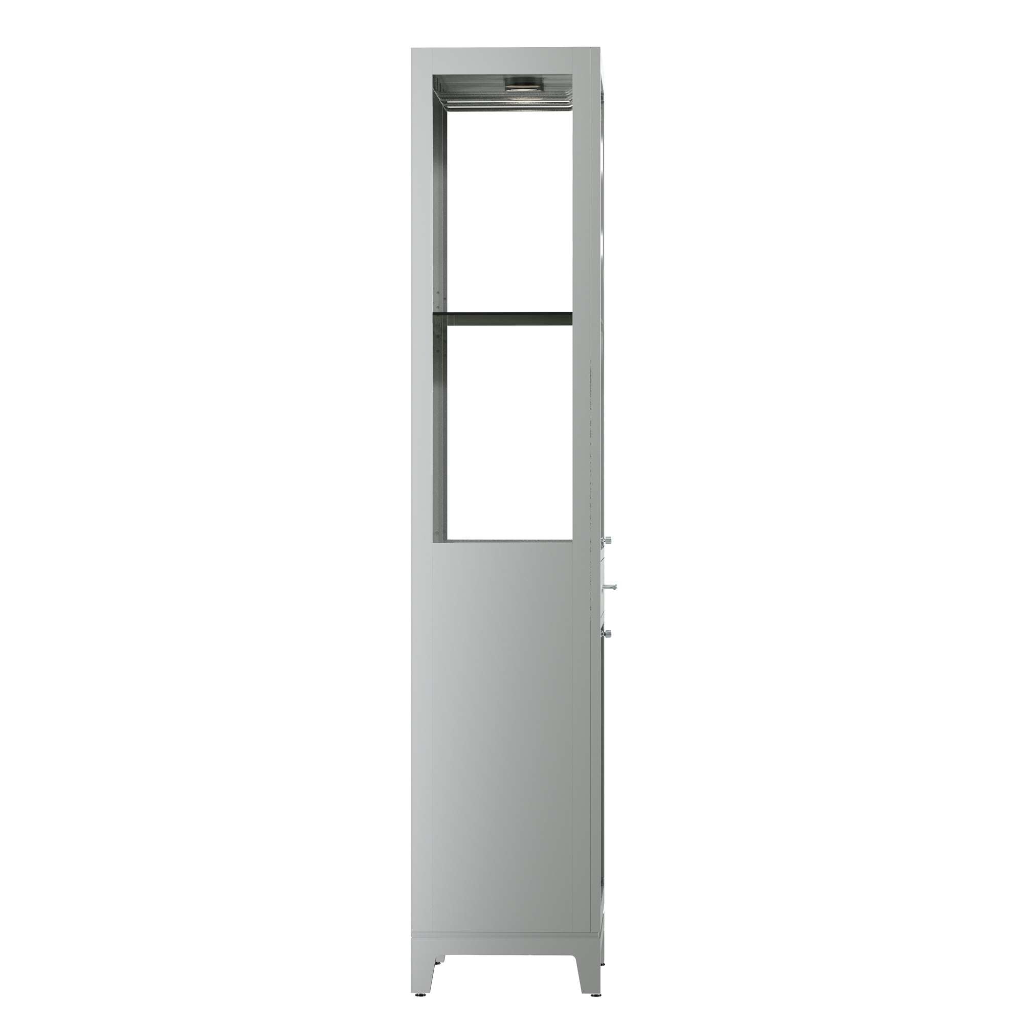Tall, narrow white storage cabinet with a glass door.