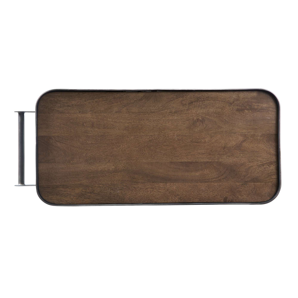 Wooden serving tray with metal handles