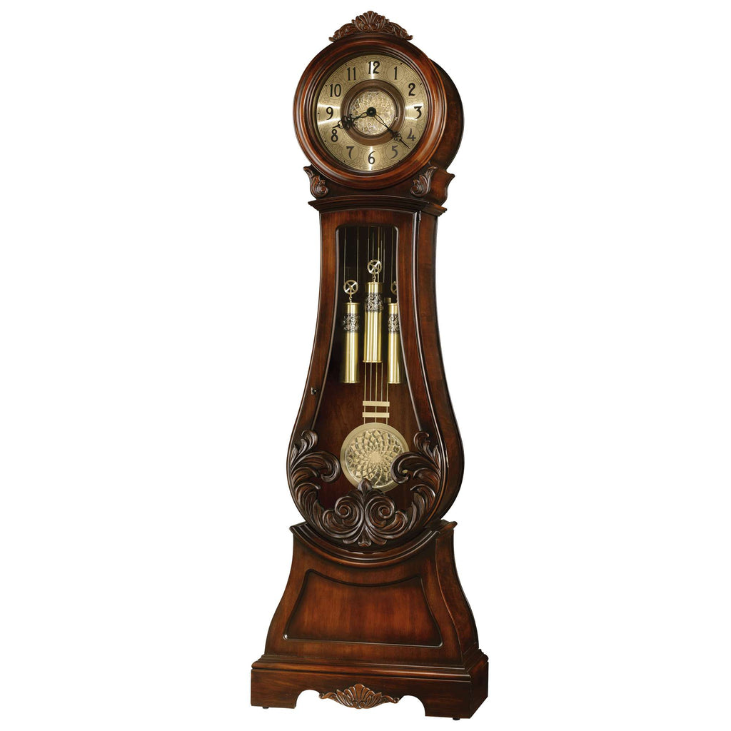Vintage wooden grandfather clock with pendulum and decorative carvings.