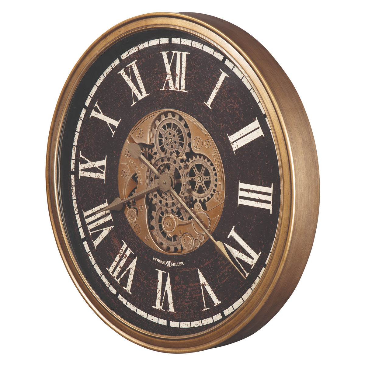 Vintage wall clock with Roman numerals and decorative gear design