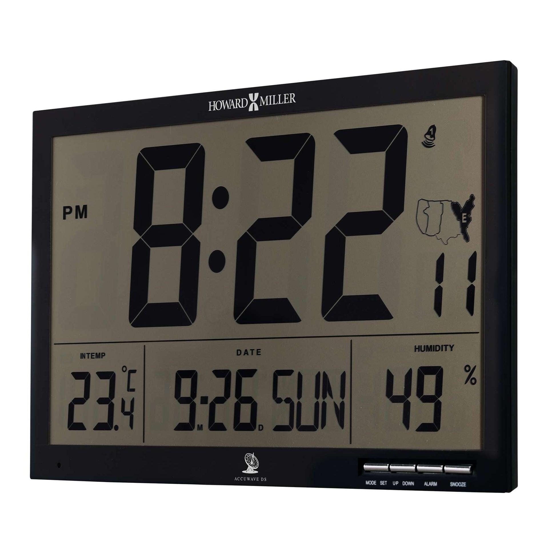 Digital wall clock displaying time, date, temperature, and humidity