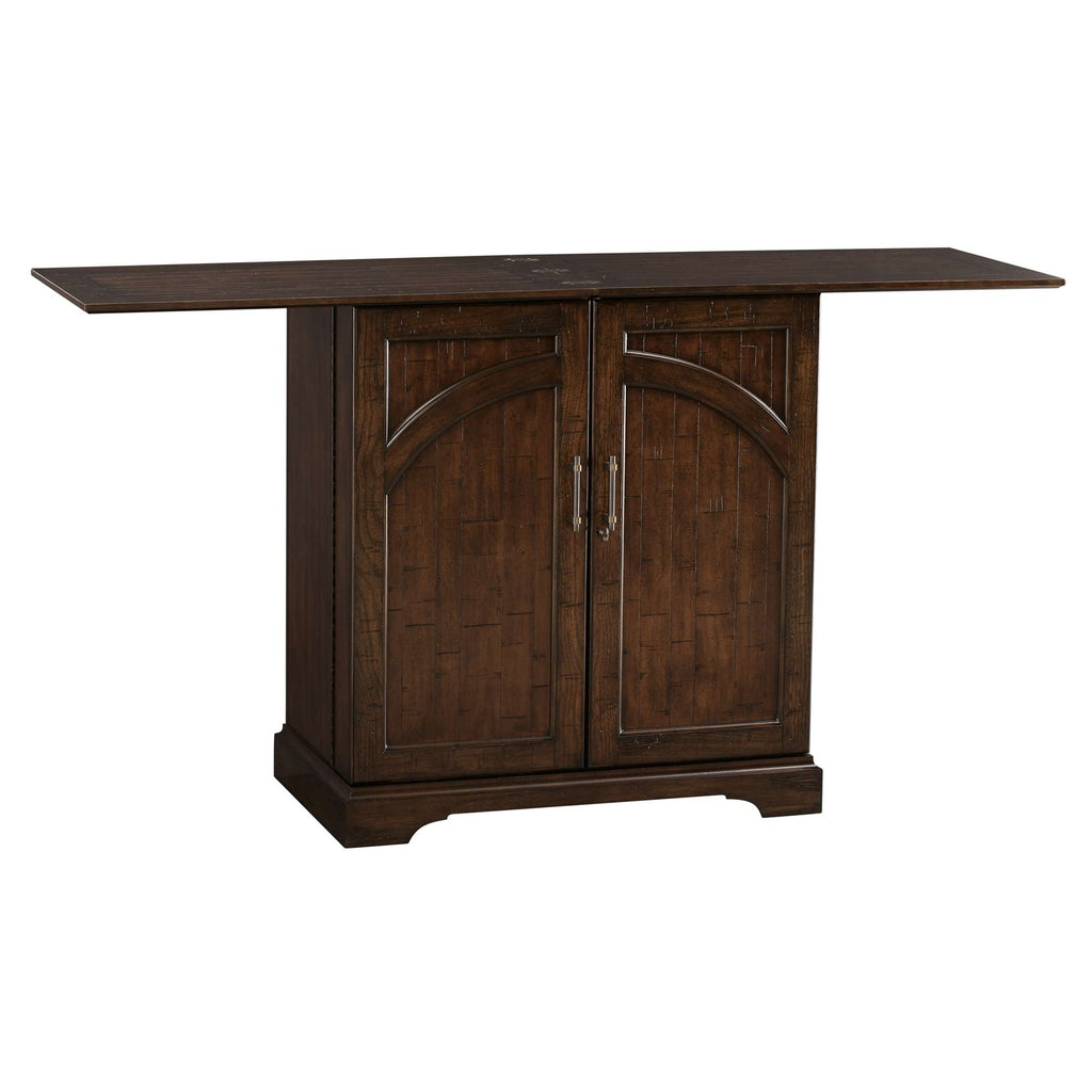 A dark wooden console table with a hinged top and double doors.