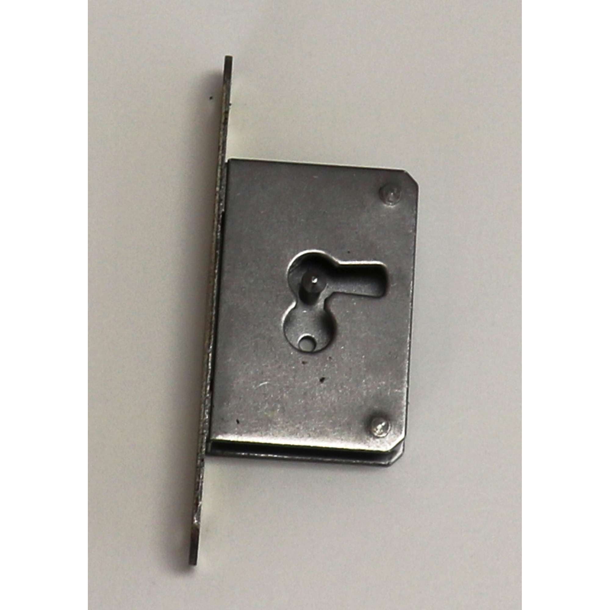 A steel lock mechanism viewed from the side.