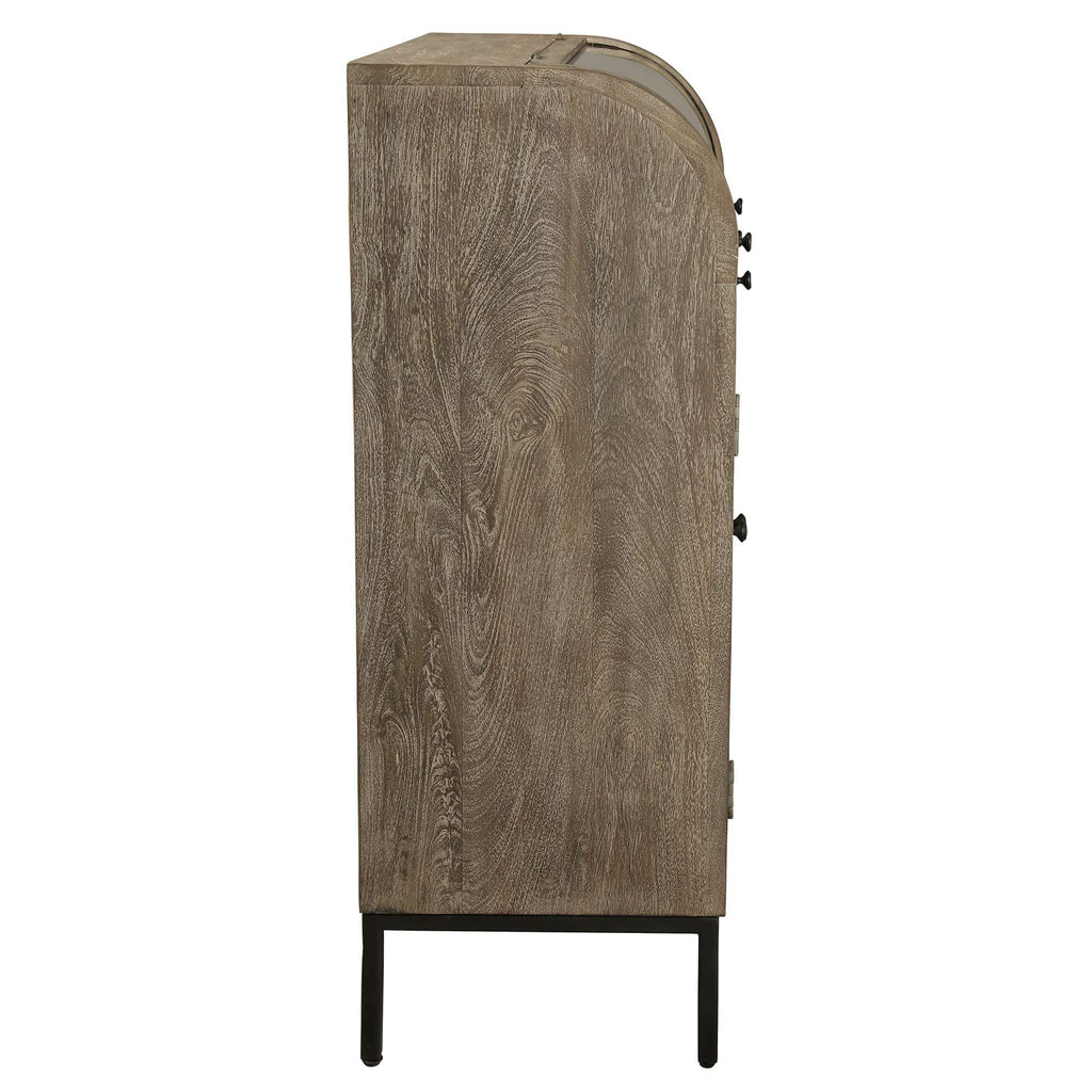 Side view of a wooden cabinet with a curved top and black legs.