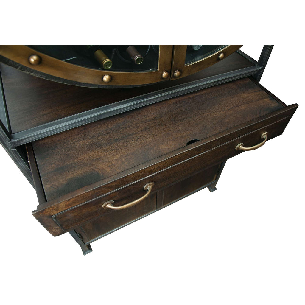 Close-up of a wooden cabinet with an open drawer and metal handles