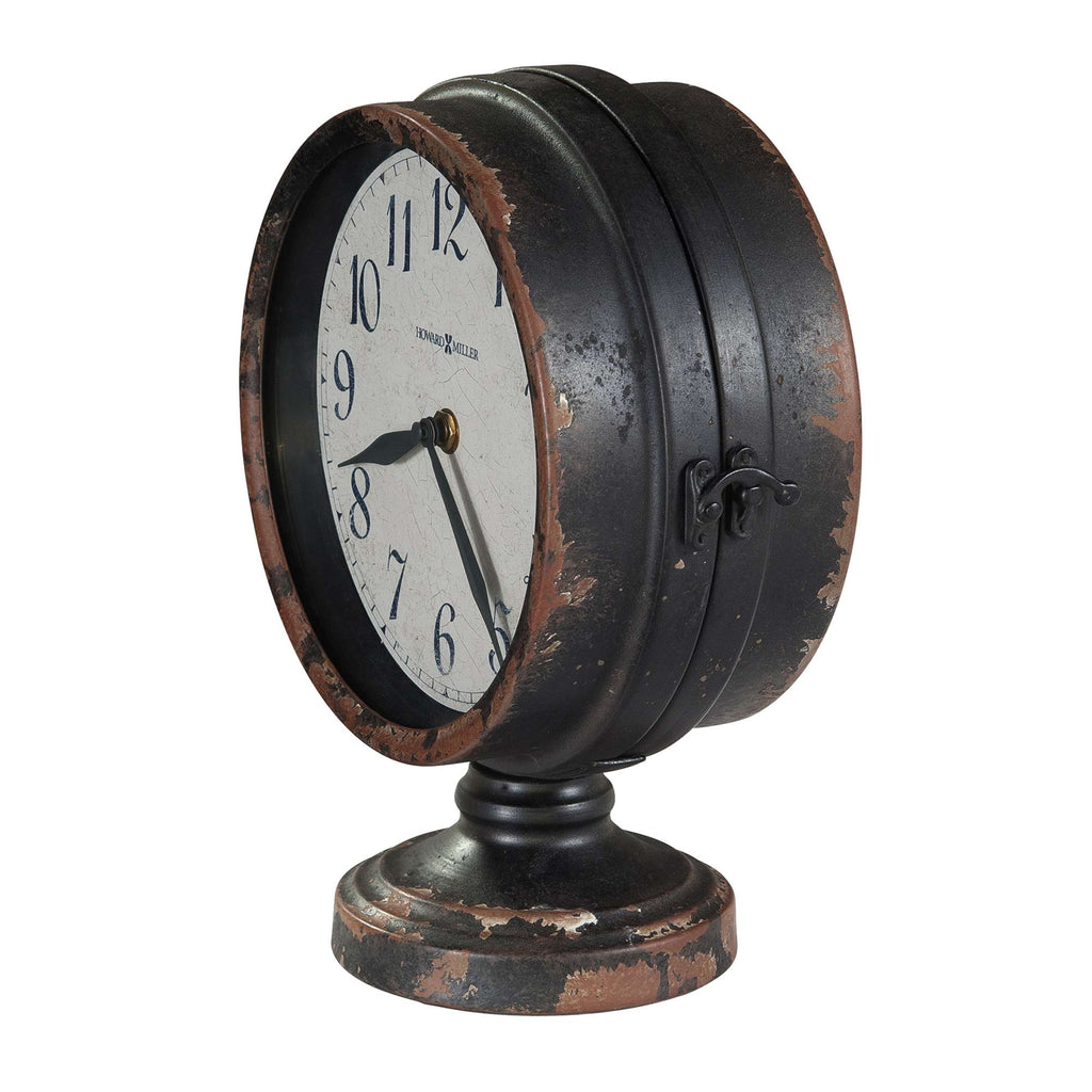 Vintage circular table clock with a distressed black finish