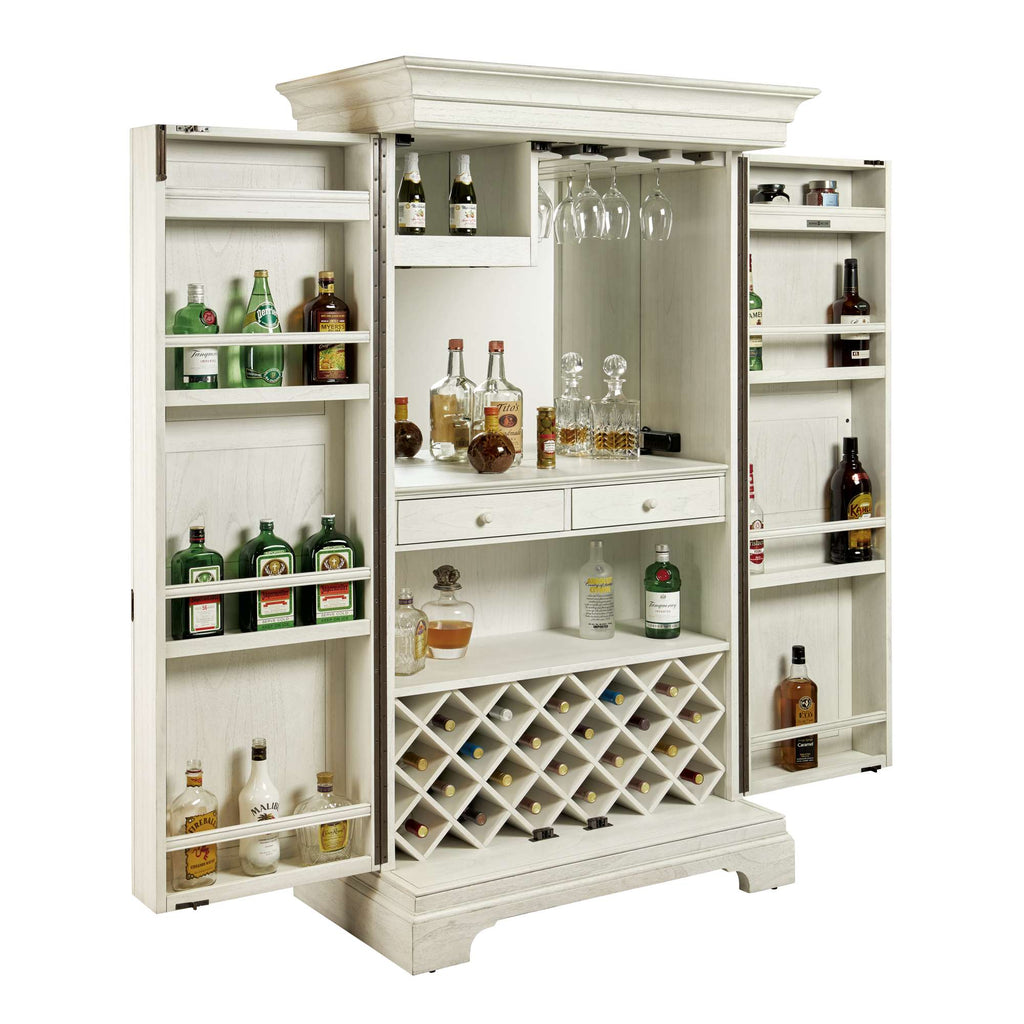 A white wooden bar cabinet with shelves for liquor bottles and glasses.
