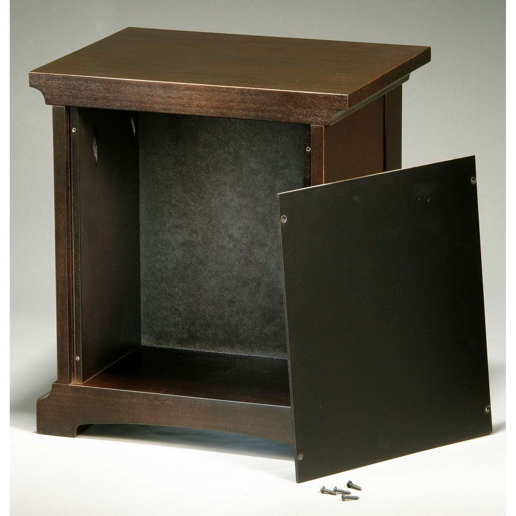 Open wooden cabinet with a removable door and screws