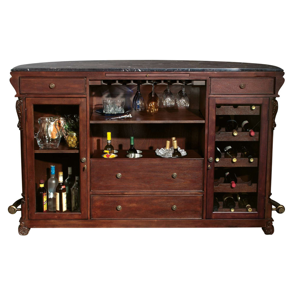 Elegant wooden bar cabinet with a marble top, featuring shelves for bottles and glasses.
