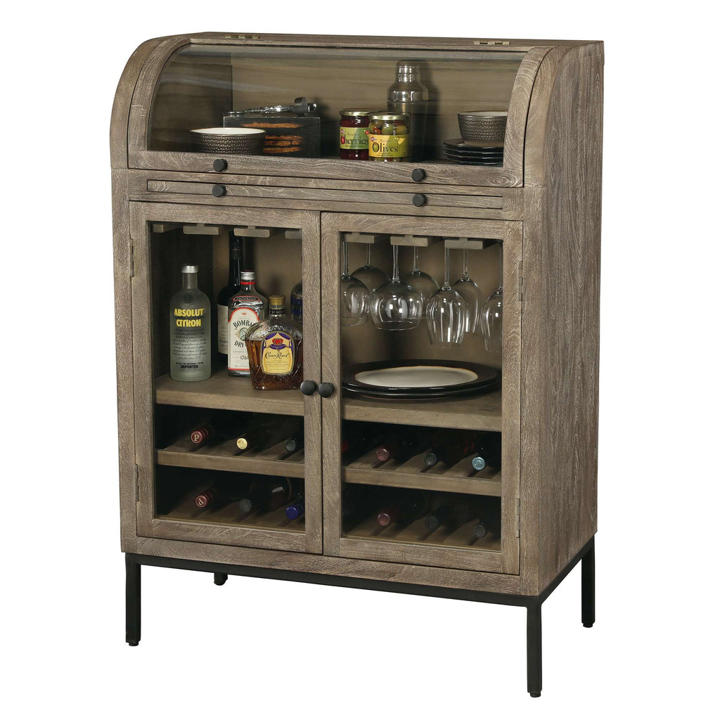 A wooden bar cabinet with wine storage, shelves for drinks, and glass holders.