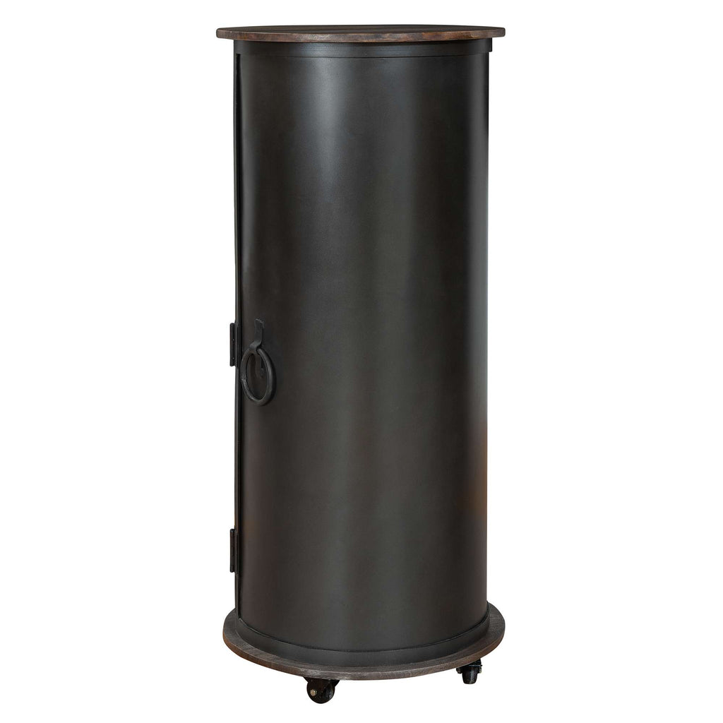 A tall, cylindrical black cabinet on wheels with a wooden top and a handle.