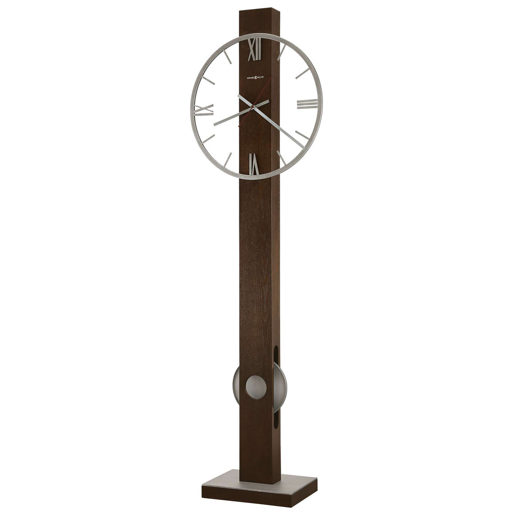 Modern floor clock with a circular face and a minimalist wooden design
