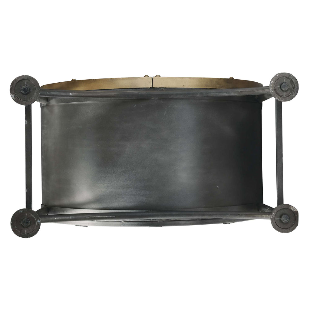 Top view of a black circular drum with metal rims and a smooth surface.
