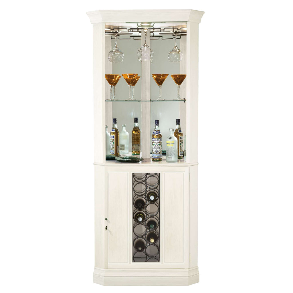 A stylish white bar cabinet with glass shelves, showcasing bottles and glasses.