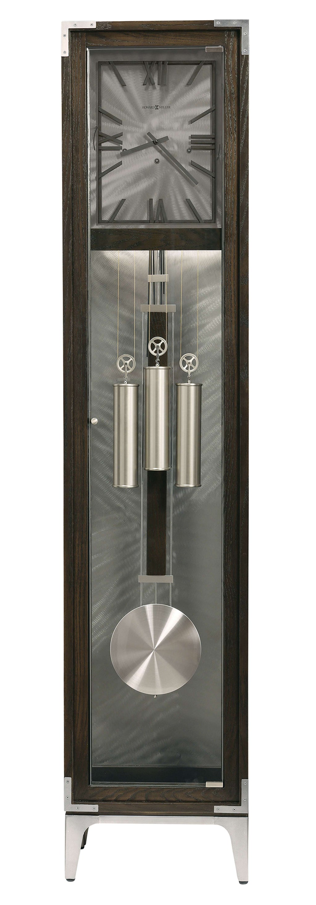 Modern pendulum clock with a glass front and metallic accents