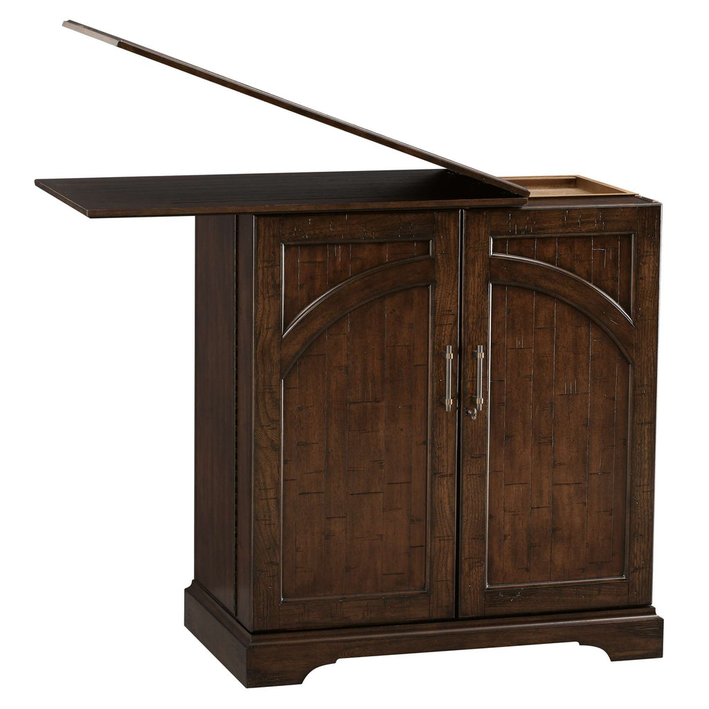 Brown wooden cabinet with a hinged top and two front doors