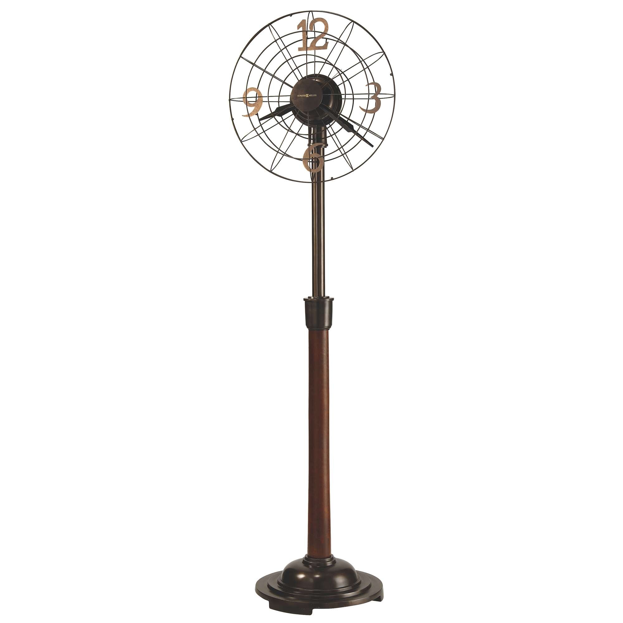 Vintage standing fan with a metal frame and wooden base.