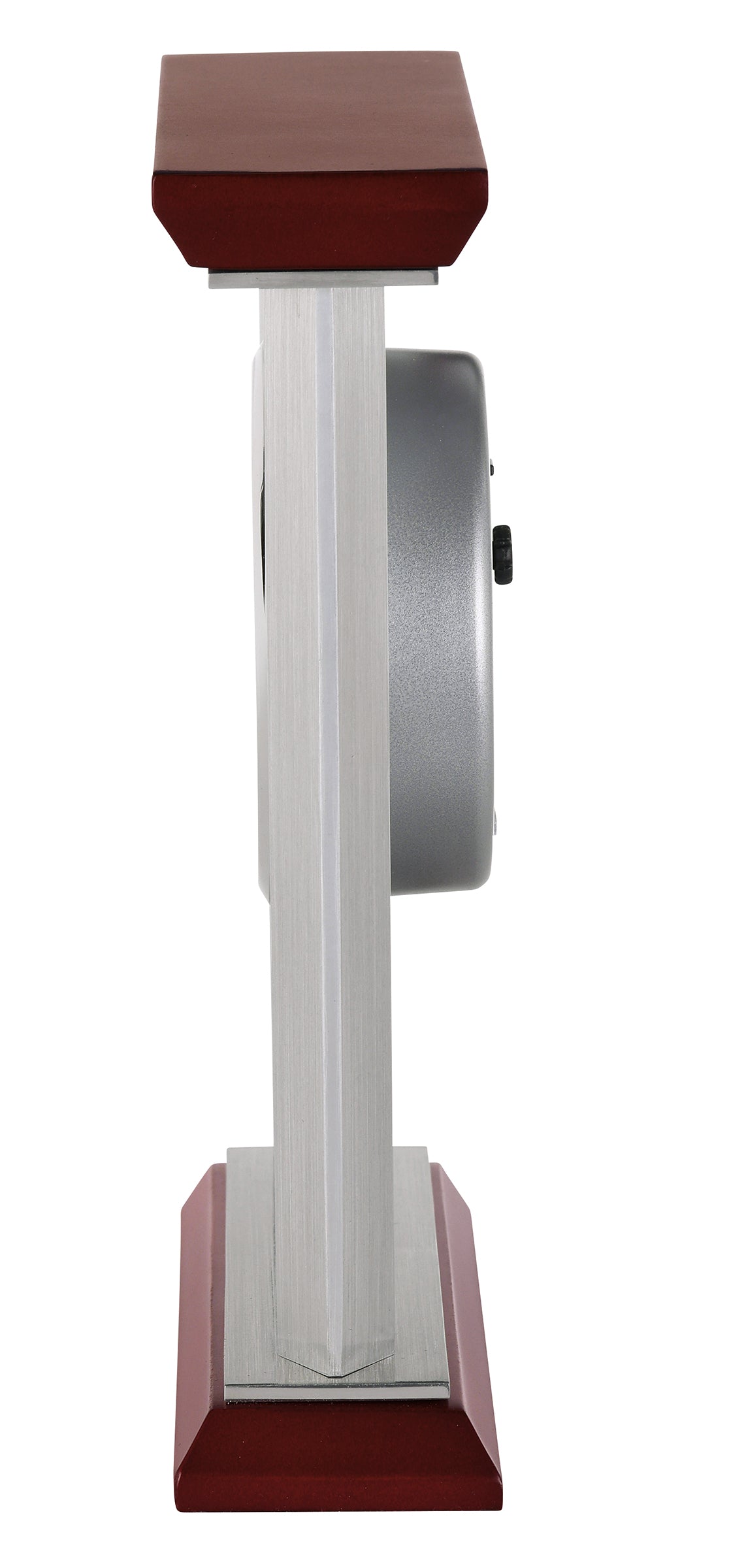 Side view of a modern clock with a silver face and wooden base.
