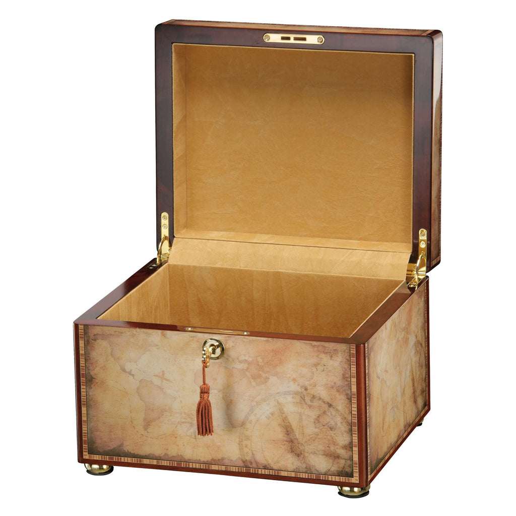 Open decorative storage box with a leather-like exterior.