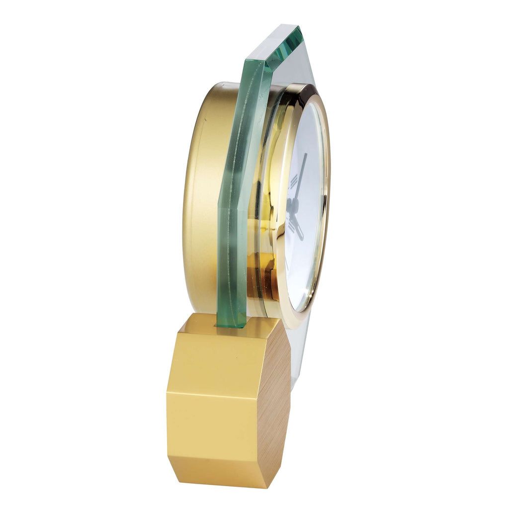 Stylish modern desk clock with a gold and glass design