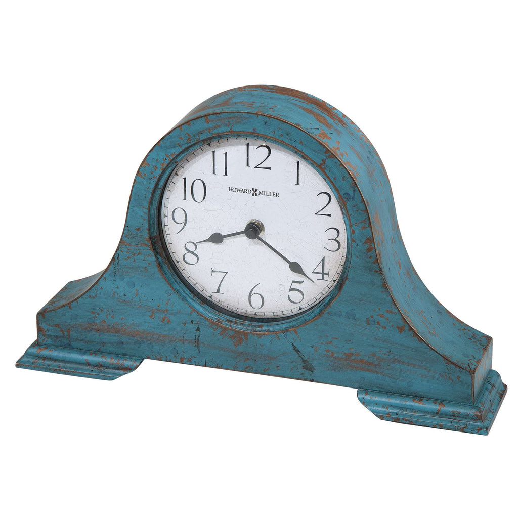 Vintage-style blue mantel clock with a white face and black numbers.