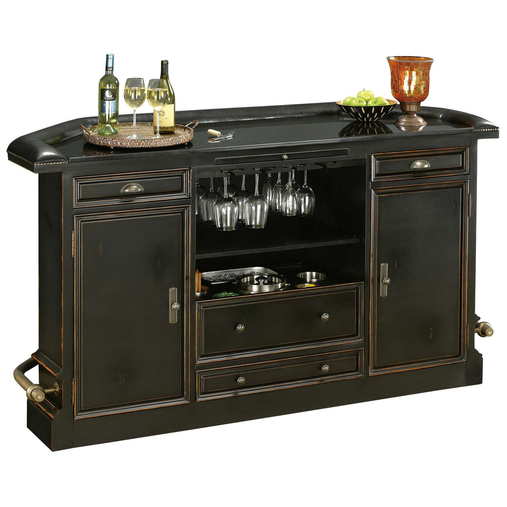 A stylish black bar cabinet with storage, glassware, and serving accessories