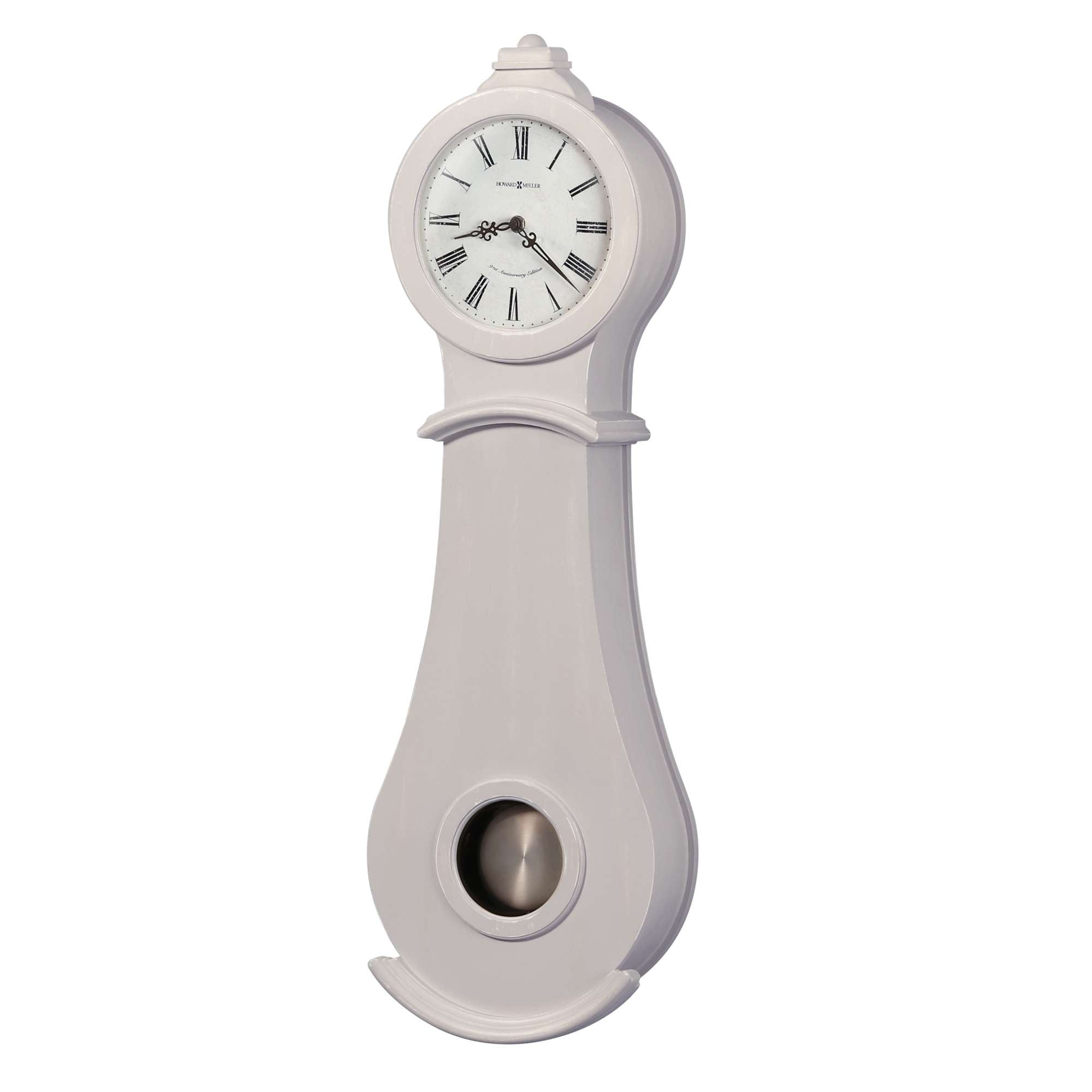 A vintage-style wall clock with a round face and Roman numerals, featuring a pendulum below.