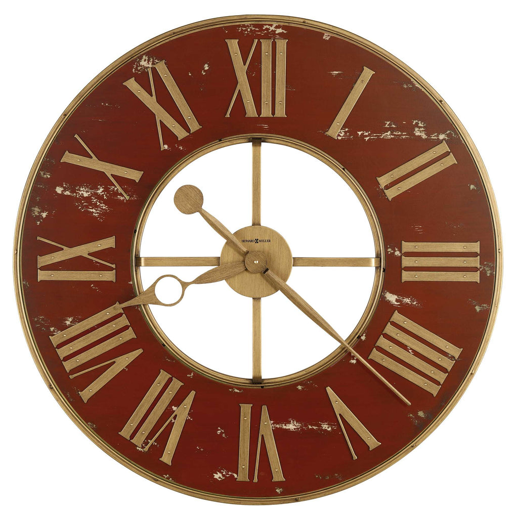 Antique-style round wall clock with Roman numerals on a distressed red background.