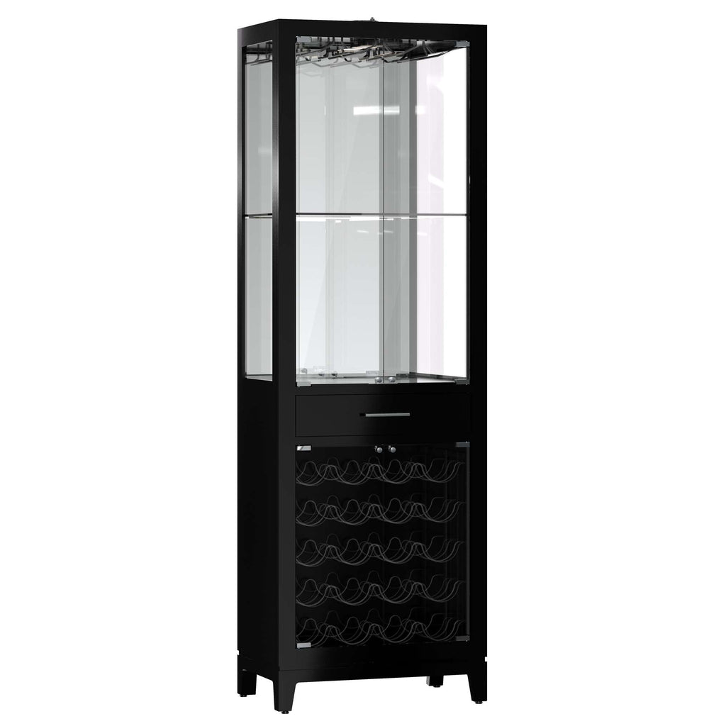 Black glass display cabinet with wine storage