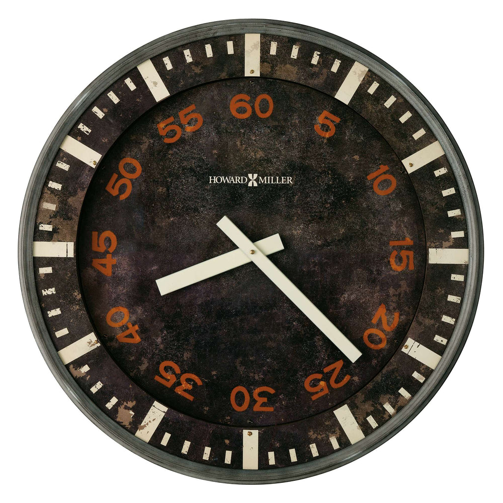 Vintage-style round clock with dark face and white hands.