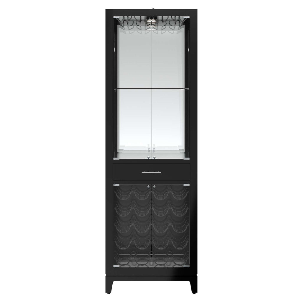 A tall, sleek black display cabinet with glass shelves and a textured lower section.