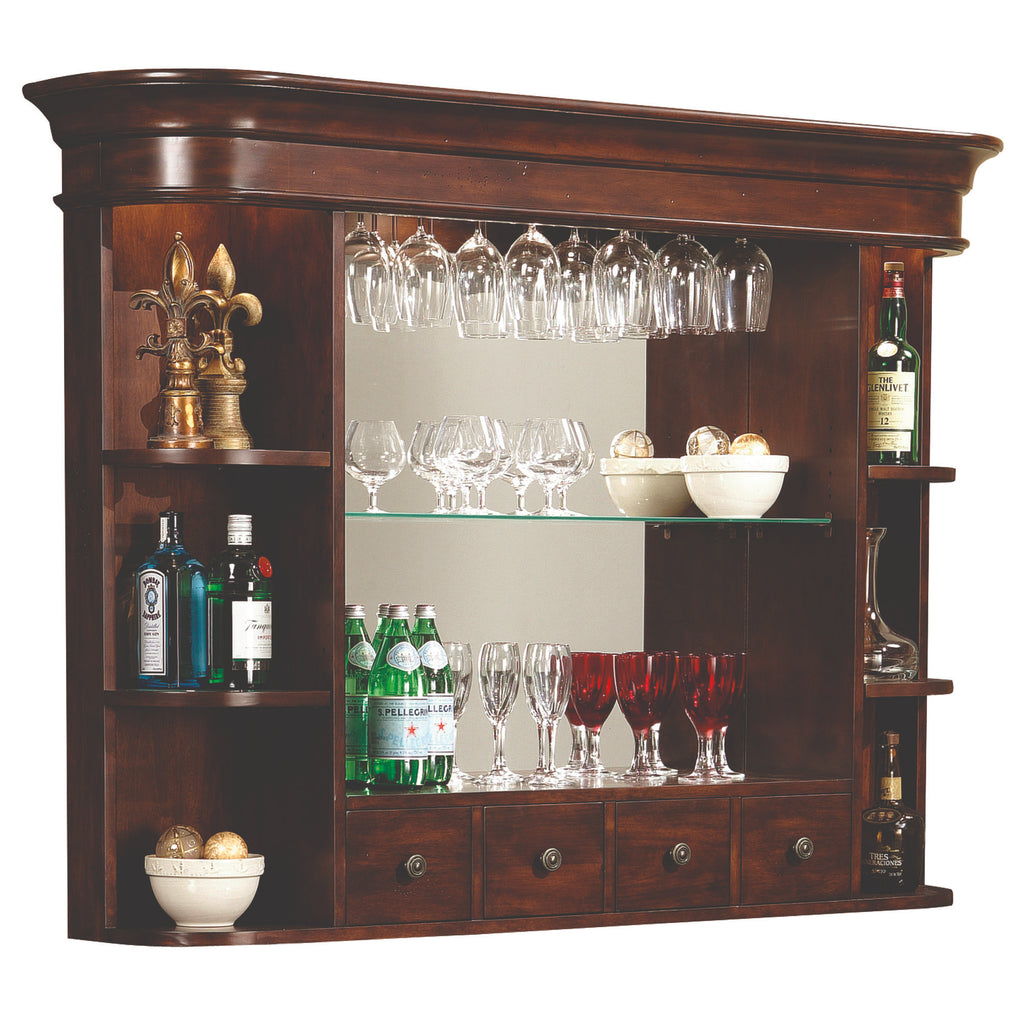 A wooden bar cabinet displaying various bottles and glassware.