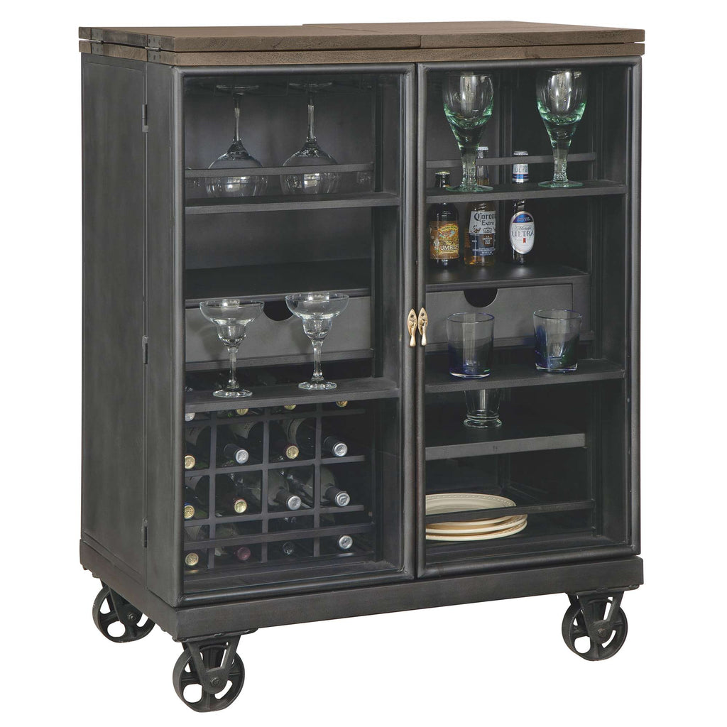 A stylish bar cart with wine storage and glassware on display.
