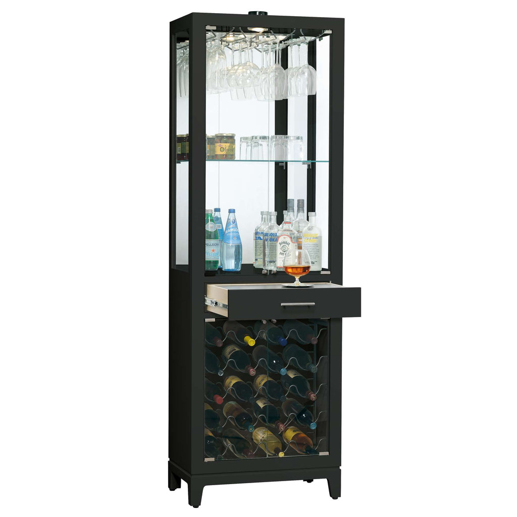 Modern black bar cabinet with glass shelves, wine storage, and a drawer