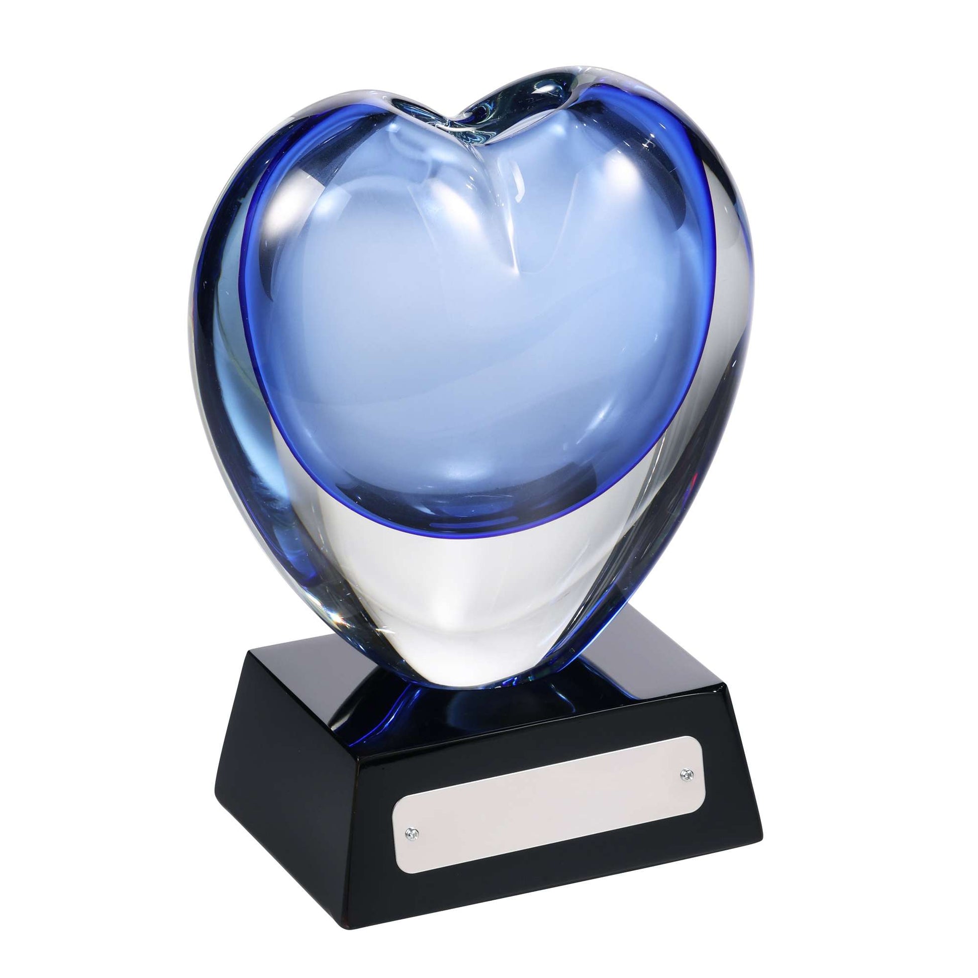 A blue and clear glass trophy shaped like a heart, featuring a black base.