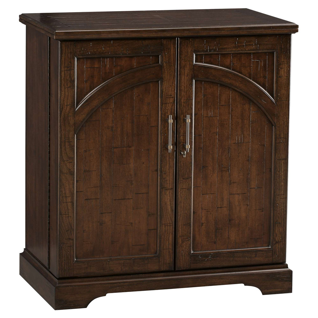 Wooden cabinet with double doors and a rich brown finish