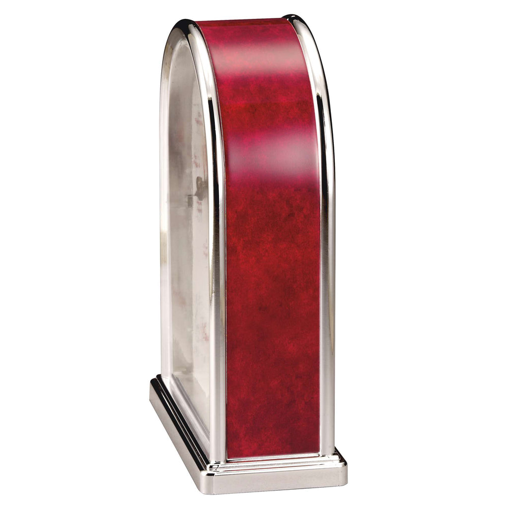 Stylish red and silver desktop clock with a modern design.