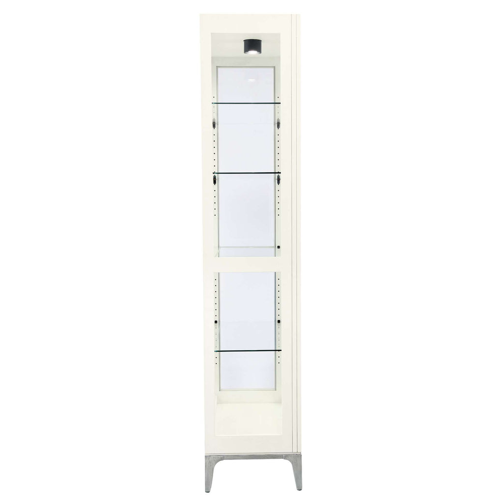 Tall, narrow display cabinet with glass shelves and a white finish.