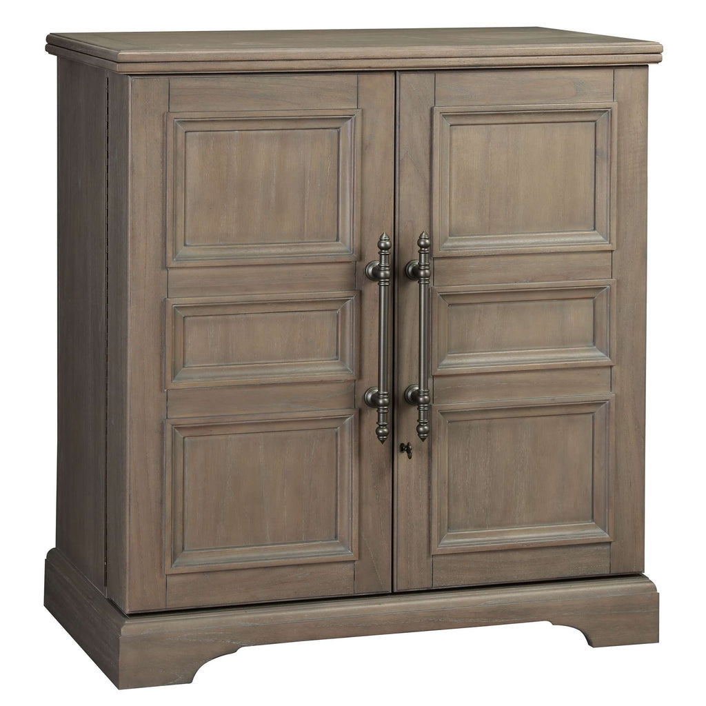 A wooden cabinet with a classic design featuring two doors and decorative handles.