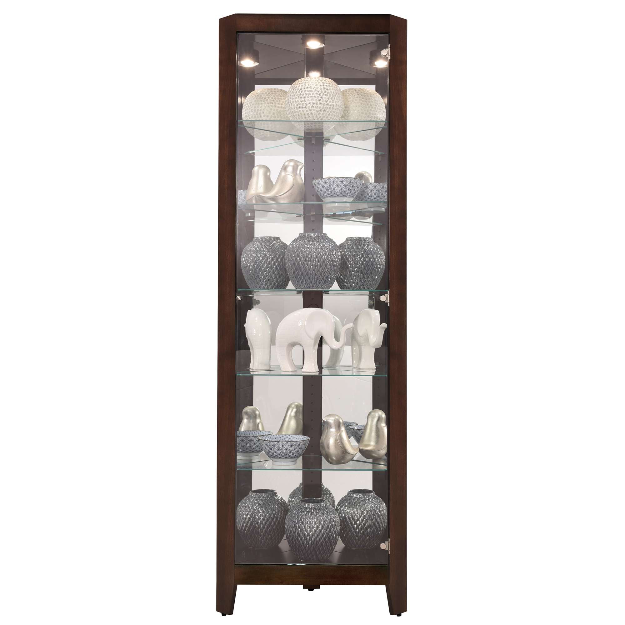 Tall display cabinet featuring decorative ceramics and figurines