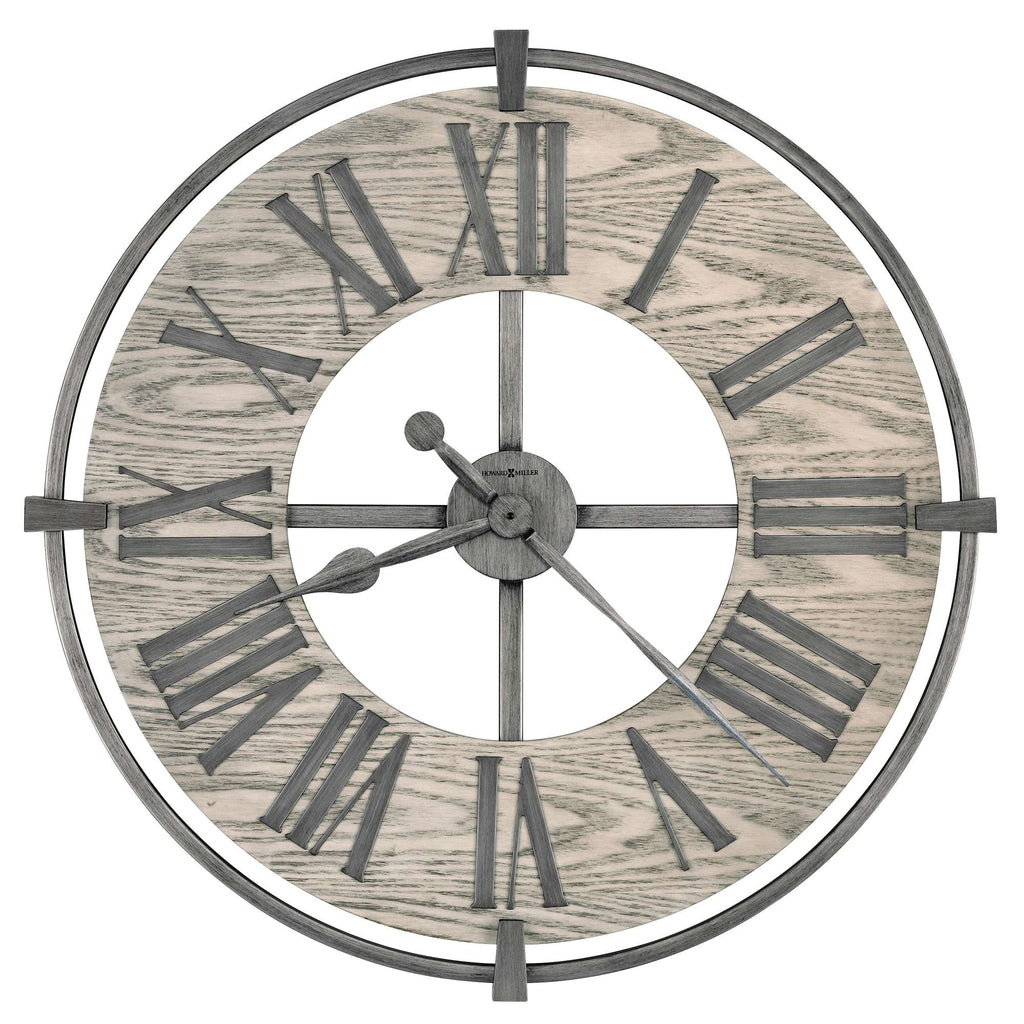 Decorative wall clock with Roman numerals and a wooden background