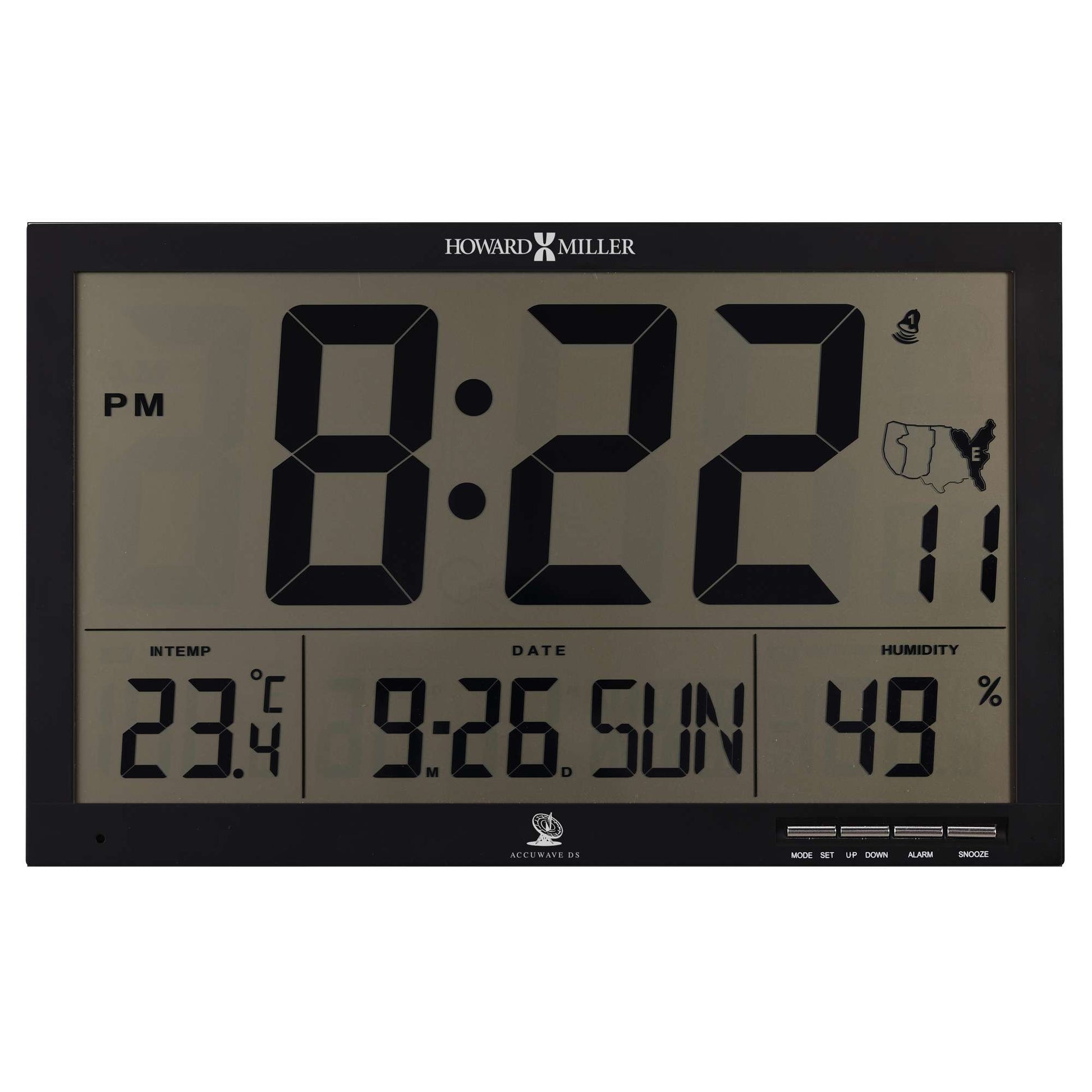 Digital clock displaying time, temperature, date, and humidity