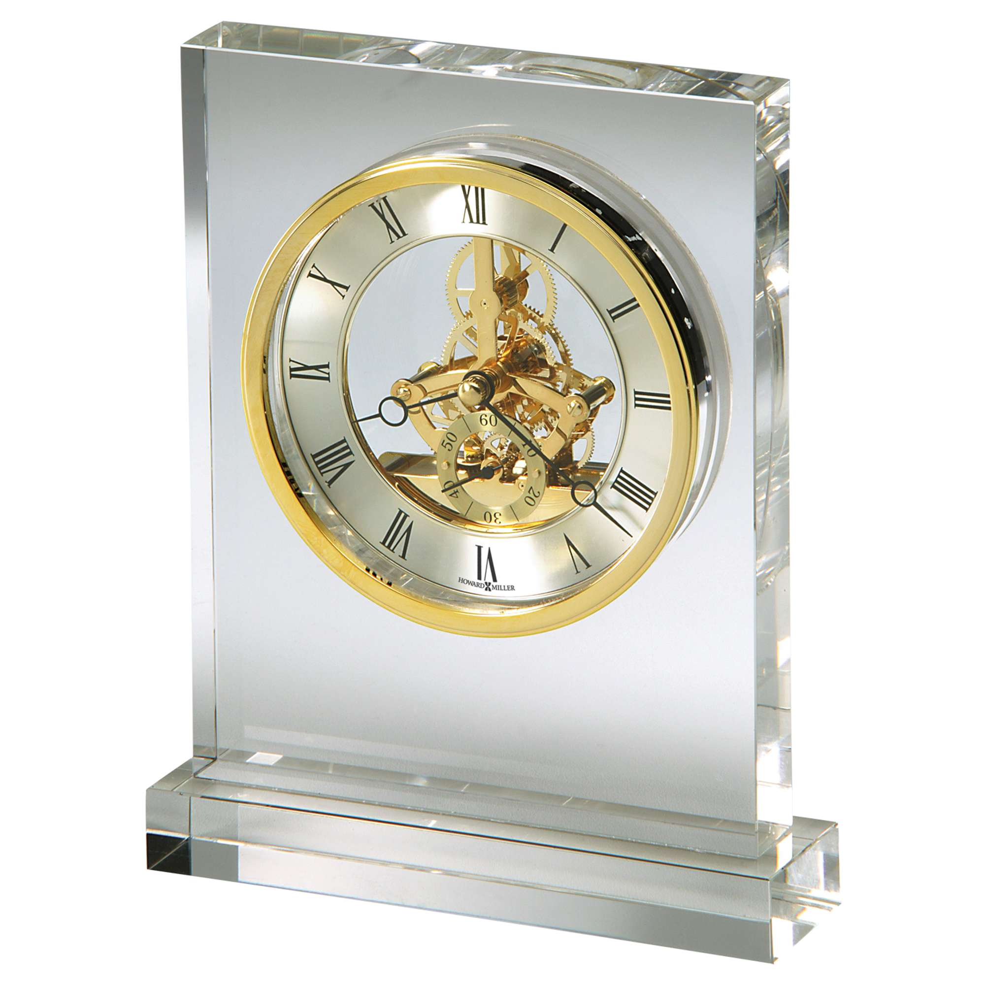 A crystal desk clock with a transparent design and golden accents.