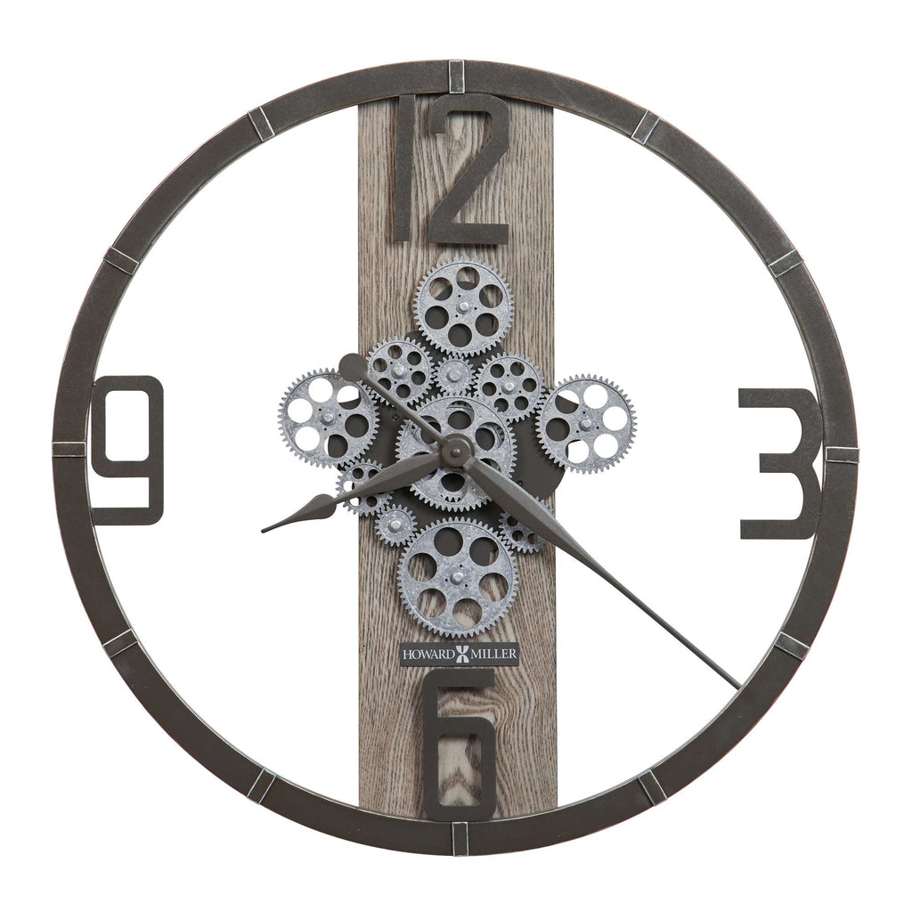A wall clock with a gear design and wooden accents, displaying the time in a stylish, modern manner.