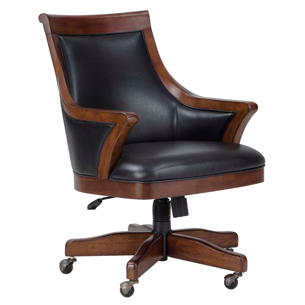 A stylish wooden office chair with a black leather seat and high backrest.