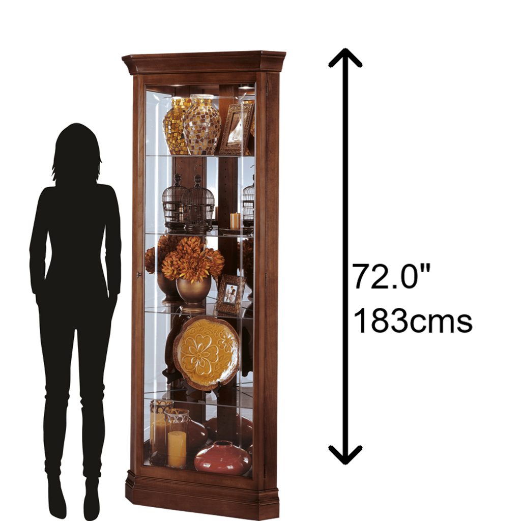 Tall wooden display cabinet with glass shelves, featuring decorative items and candles, alongside a silhouette of a person for scale.